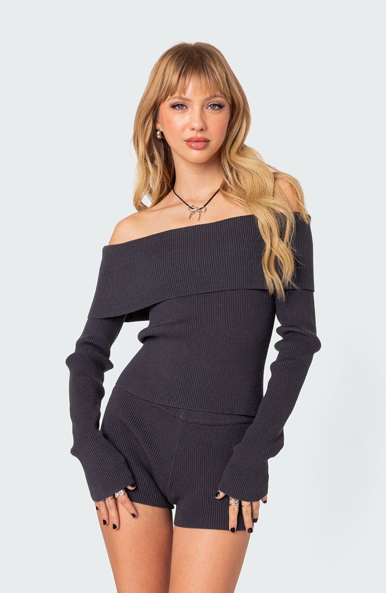 EDIKTED Miriam Off the Shoulder Top, Alternate, color, Dark-Gray
