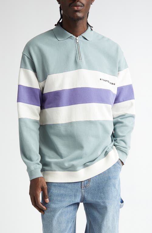 Noon Goons Laid Back Colorblock Long Sleeve Cotton Fleece Zip Polo in Aqua 