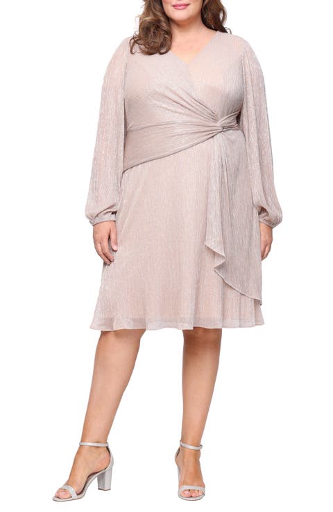 Knot Front Long Sleeve Metallic Chiffon Cocktail Dress (Plus)