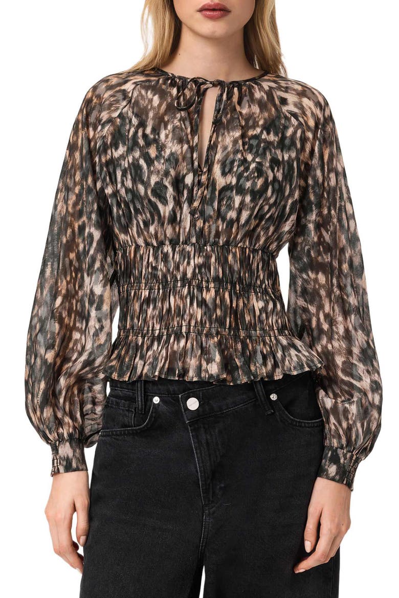 Cern Print Smocked Top, Main, color, PROWL GOLDEN BROWN