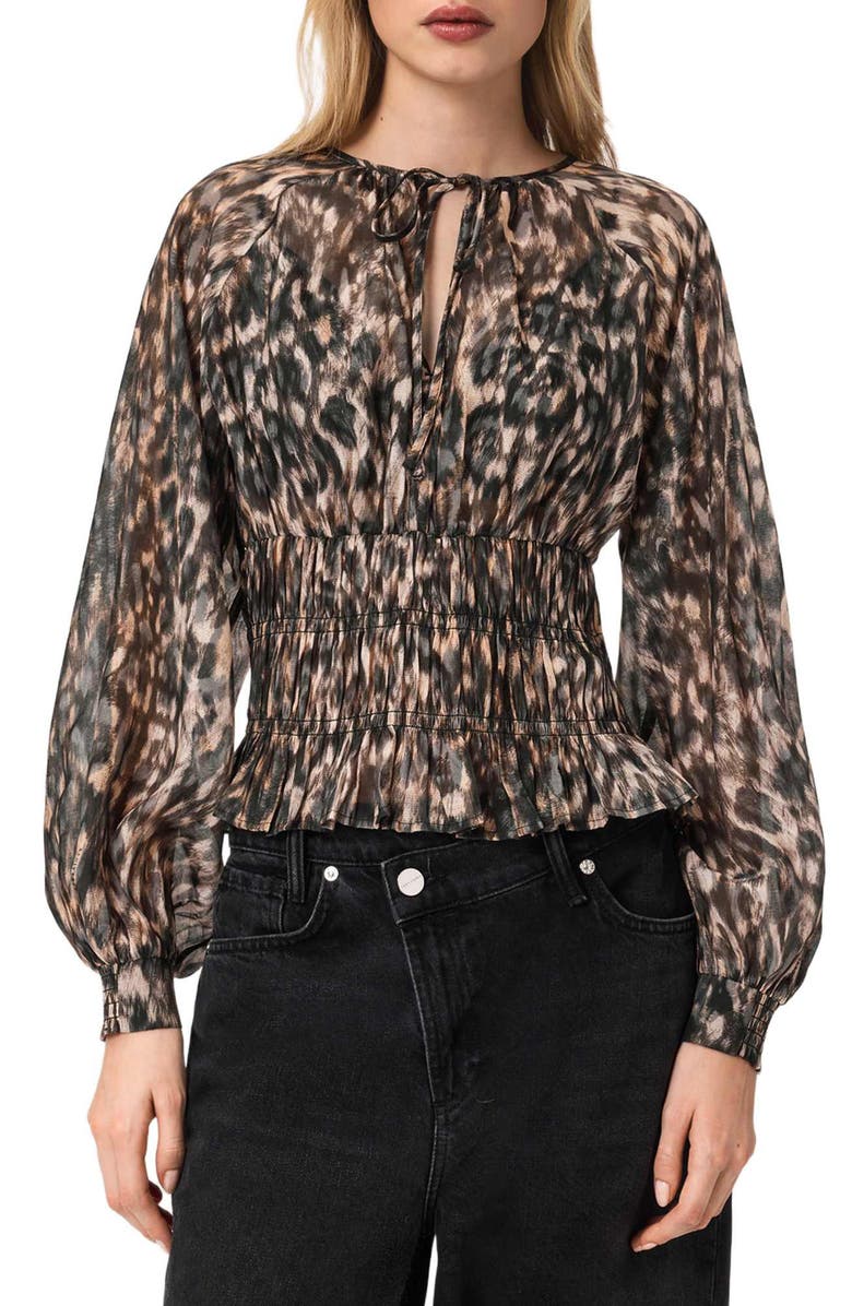 AllSaints Cern Print Smocked Top, Main, color, Prowl Golden Brown