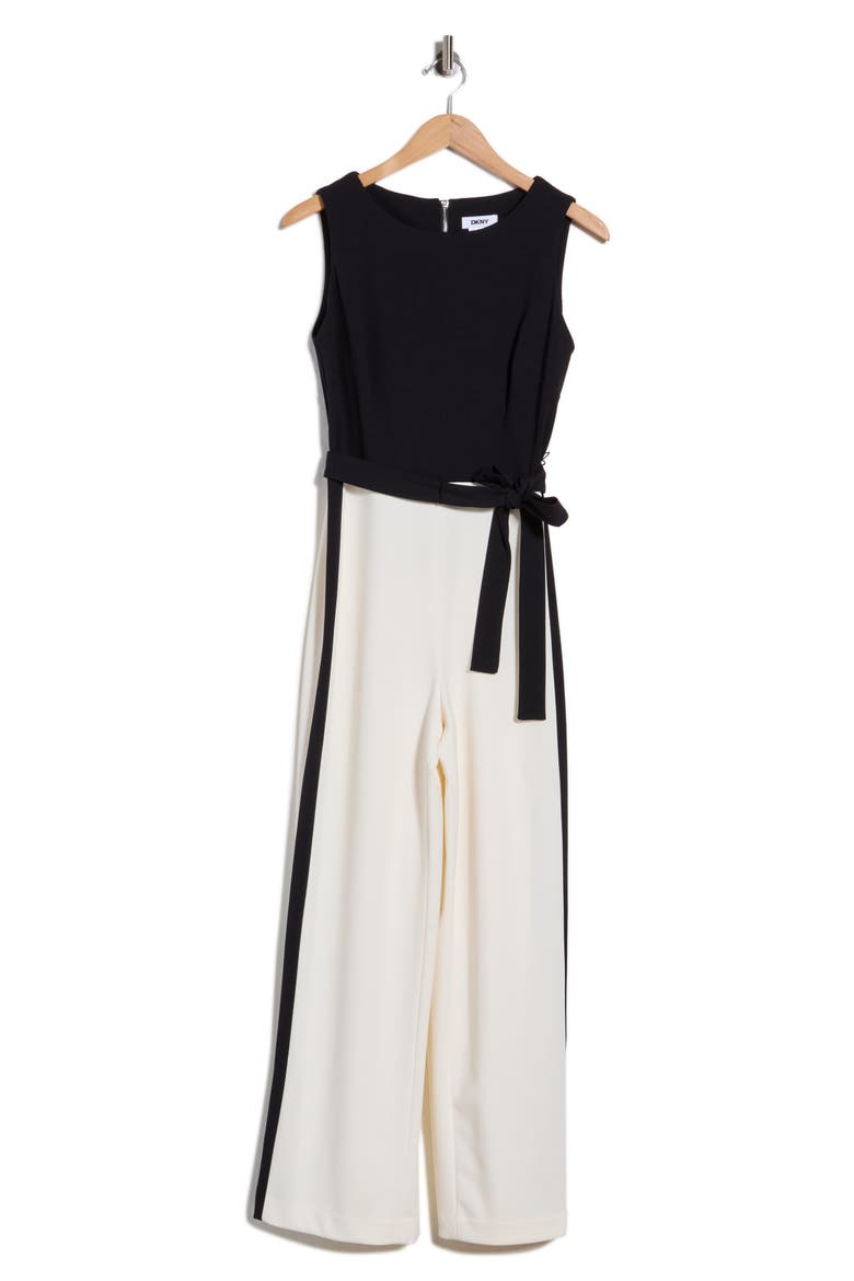 Tie Waist Wide Leg Jumpsuit, Alternate, color, BLACK/ EGGSHELL