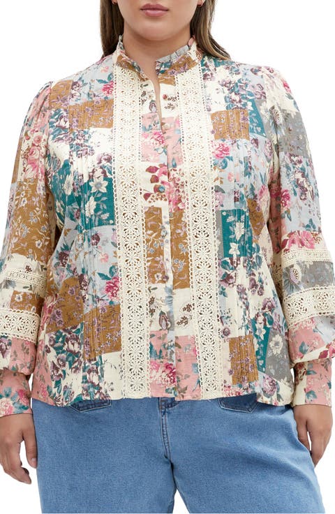 Floral Print Lace Shirt (Plus)