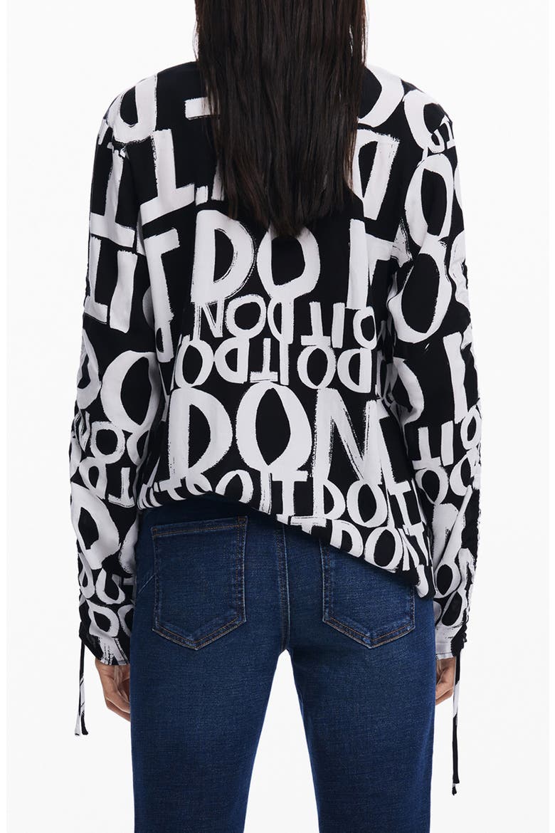 Lettering Ruched Sleeve Top, Alternate, color, BLACK