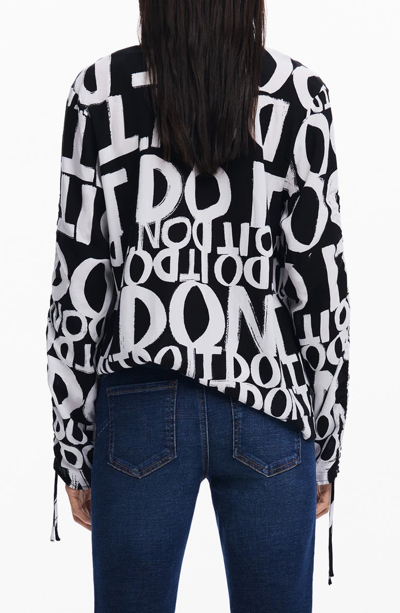 Desigual Lettering Ruched Sleeve Top, Alternate, color, Black