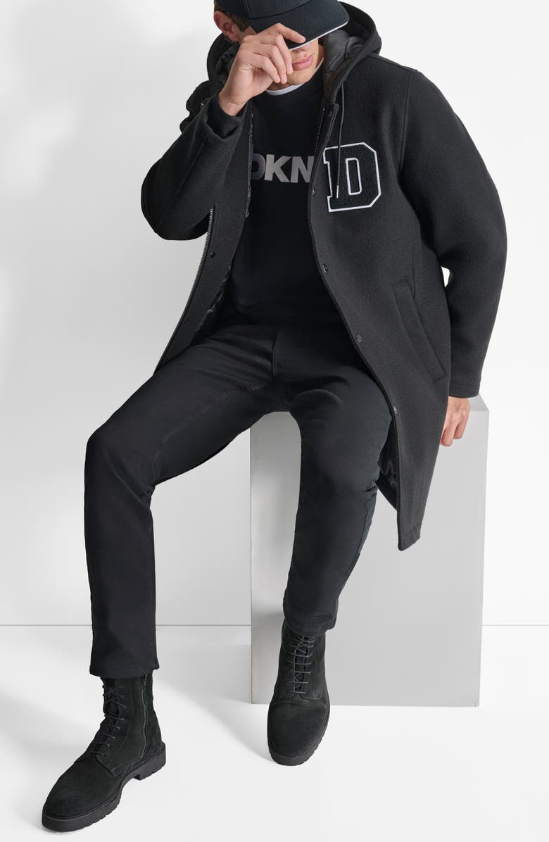 DKNY Logo Hooded Stadium Coat, Alternate, color, Black