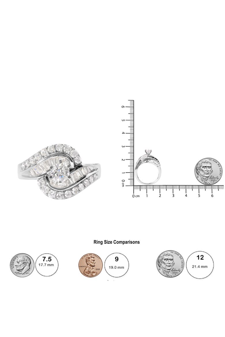 14K White Gold 1.00 Cttw Round and Baguette cut Diamond Swirl Cocktail Ring (H-I Color, SI2-I1 Clarity) - Ring Size 7, Alternate, color, White Gold