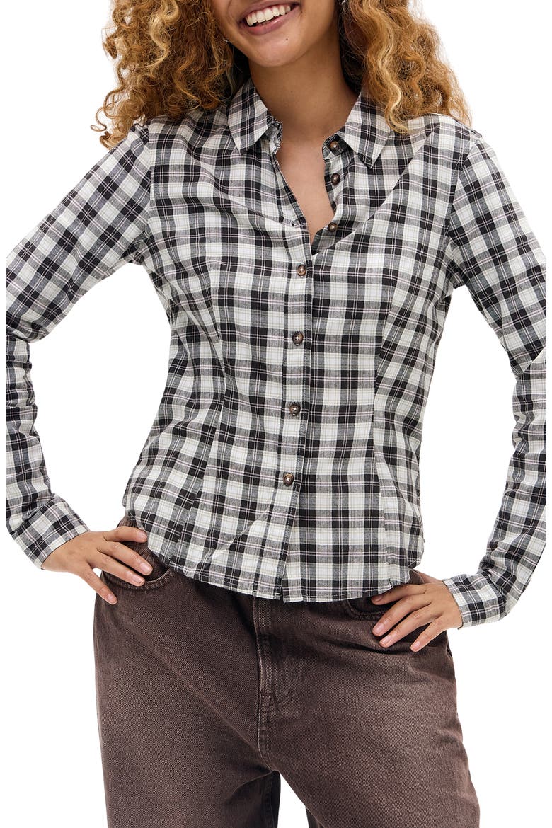 Gwen Plaid Cotton Blend Button-Up Shirt, Main, color, CREAM