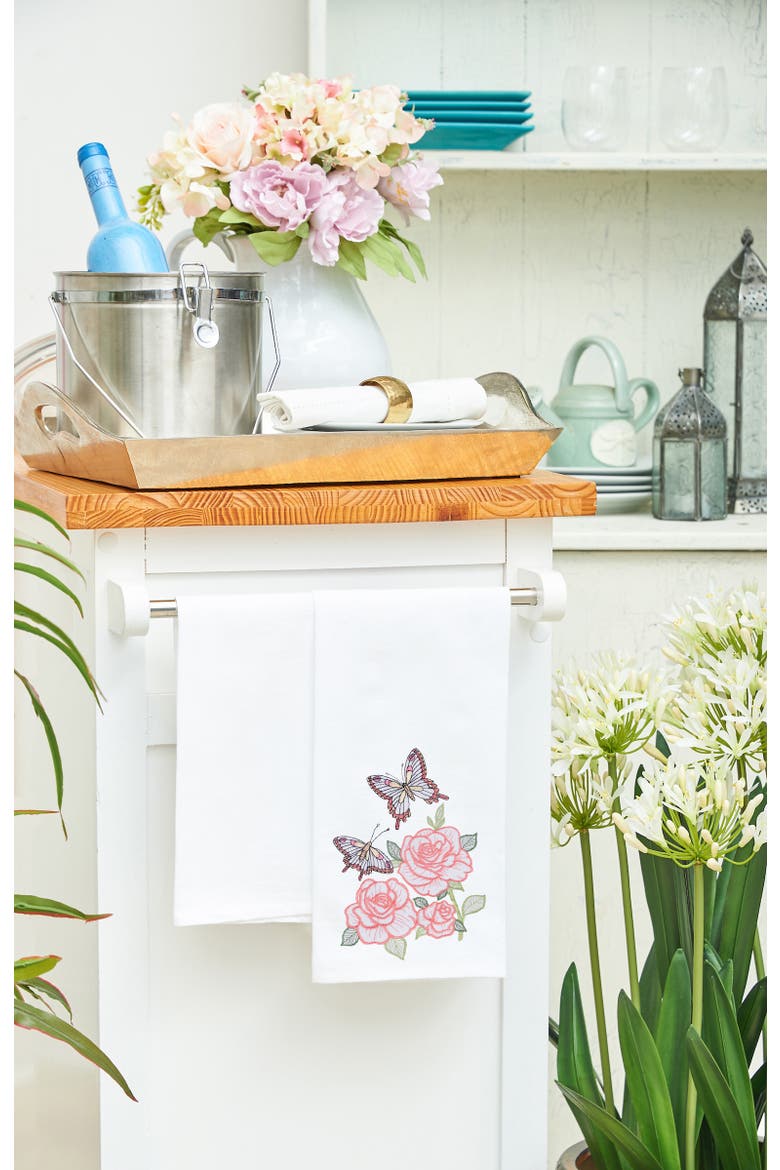 Butterflies & Roses Embroidered Cotton Flour Sack Kitchen Towel, Alternate, color, Pink