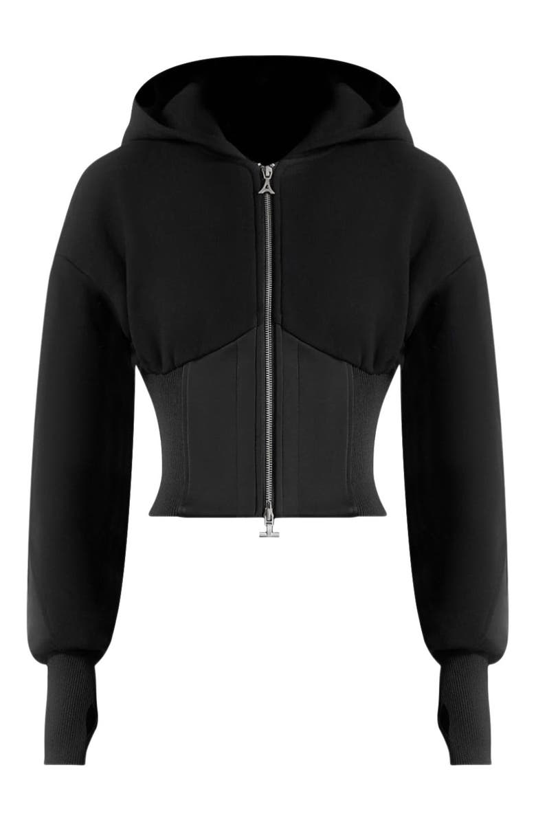 Manière De Voir Brune Corset Jersey And Satin Zip Hoodie, Alternate, color, Black