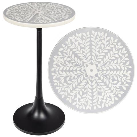 Nysha Bohemian Round Aluminum Tulip Pedestal End Table, Botanical Patterned Top Base - Decorative Accent Drink Side Table