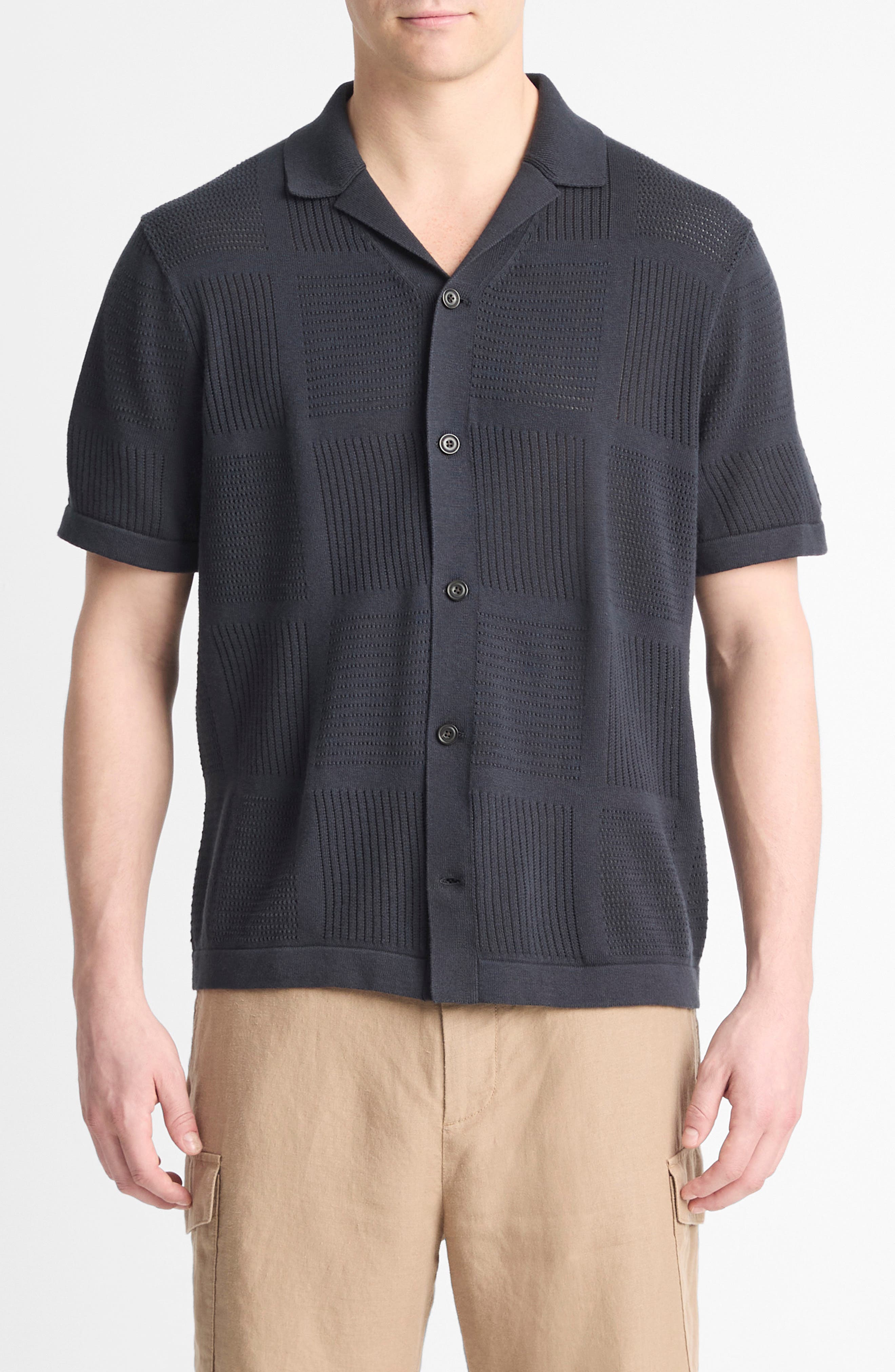 Vince Patchwork Pointelle Short Sleeve Cardigan