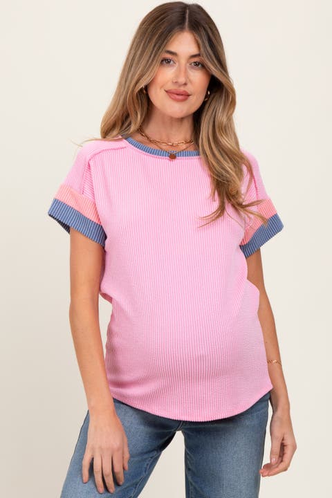 Ribbed Colorblock Detail Short Sleeve Top