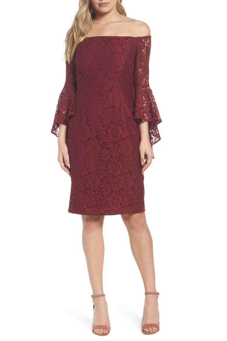 Off the Shoulder Lace Dress, Main, color, BURGUNDY LONDON