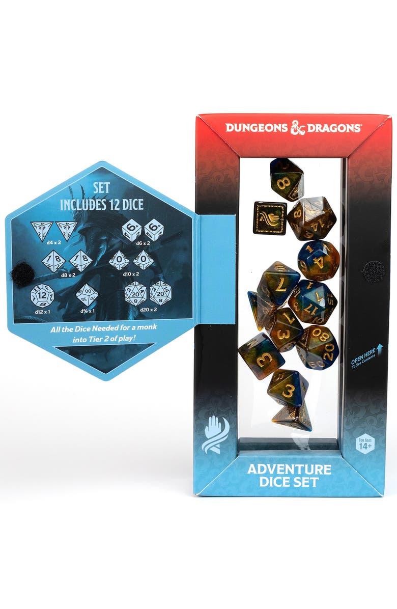 Dungeons & Dragons D&D Adventure Dice Monk Blue & Gold, 12Pc Rpg Set, Alternate, color, Multicolored