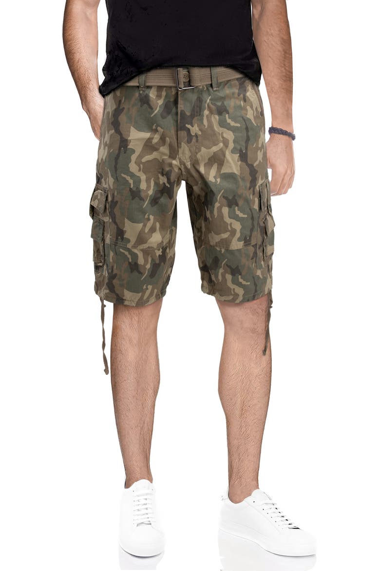Belted Twill Piping Camo Shorts, Main, color, DESERT CAMO