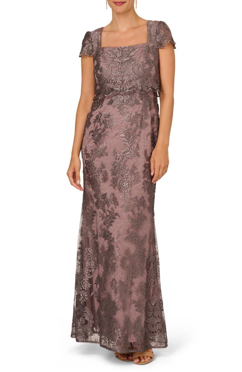 Adrianna Papell Metallic Embroidered Gown, Main, color, 