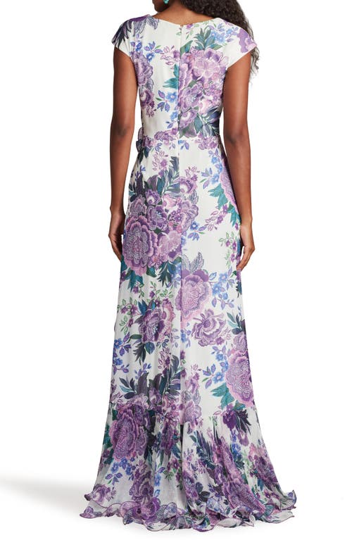 Tadashi Shoji Floral-print Ruffle Gown In White/purple Floral
