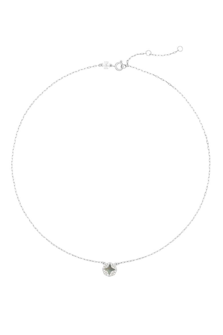 Forget Me Not Mother-of-Pearl Pendant Necklace, Main, color, TORY SILVER / MOTHER OF PEARL / CRYSTAL