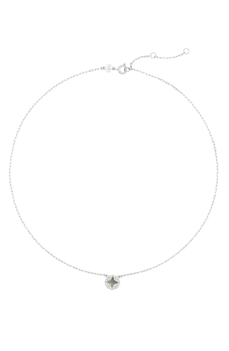 Tory Burch Forget Me Not Mother-of-Pearl Pendant Necklace, Main, color, Tory Silver / Mother Of Pearl / Crystal