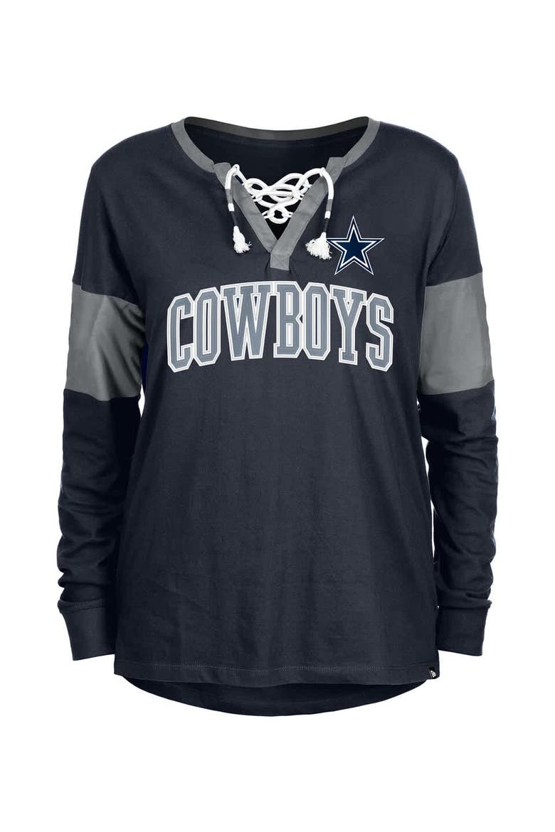 Women's New Era Navy Dallas Cowboys Lace-Up Notch-Neck Long Sleeve T-Shirt, Alternate, color, Navy