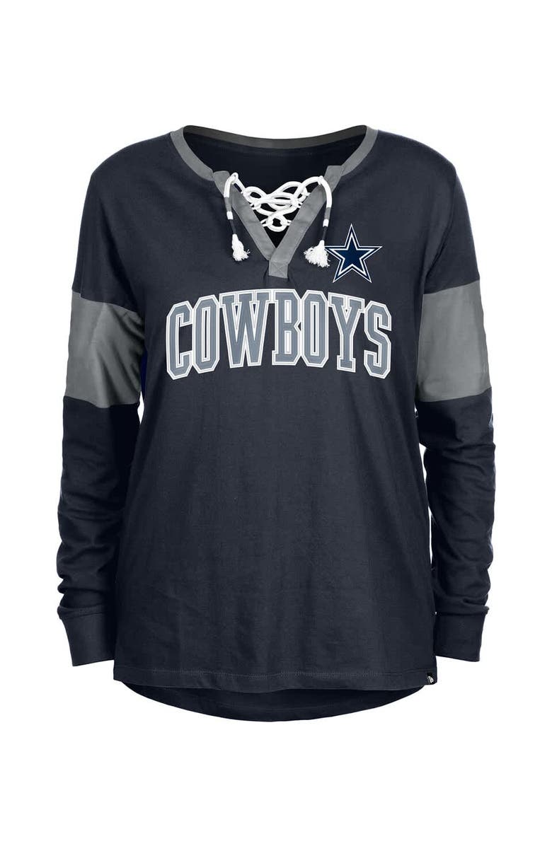 New Era Women's New Era Navy Dallas Cowboys Lace-Up Notch-Neck Long Sleeve T-Shirt, Alternate, color, Navy