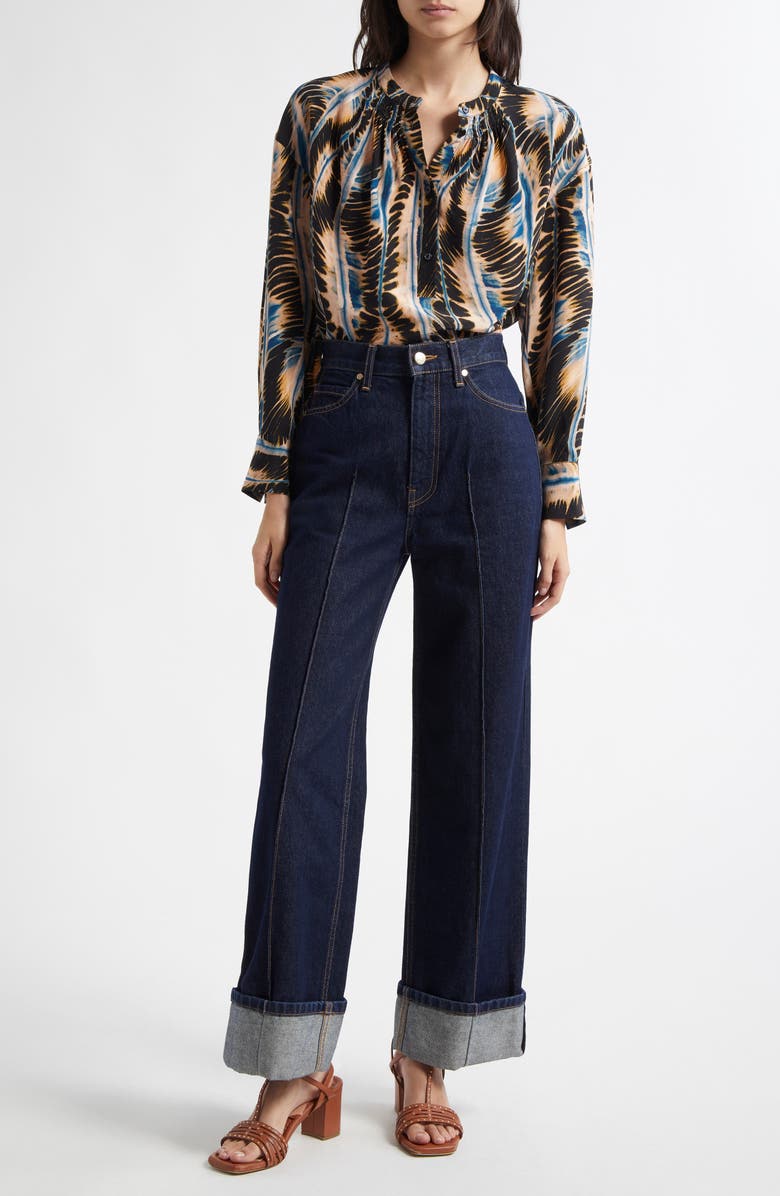 Ulla Johnson Nehir Abstract Leaf Print Silk Button-Up Shirt, Alternate, color, River