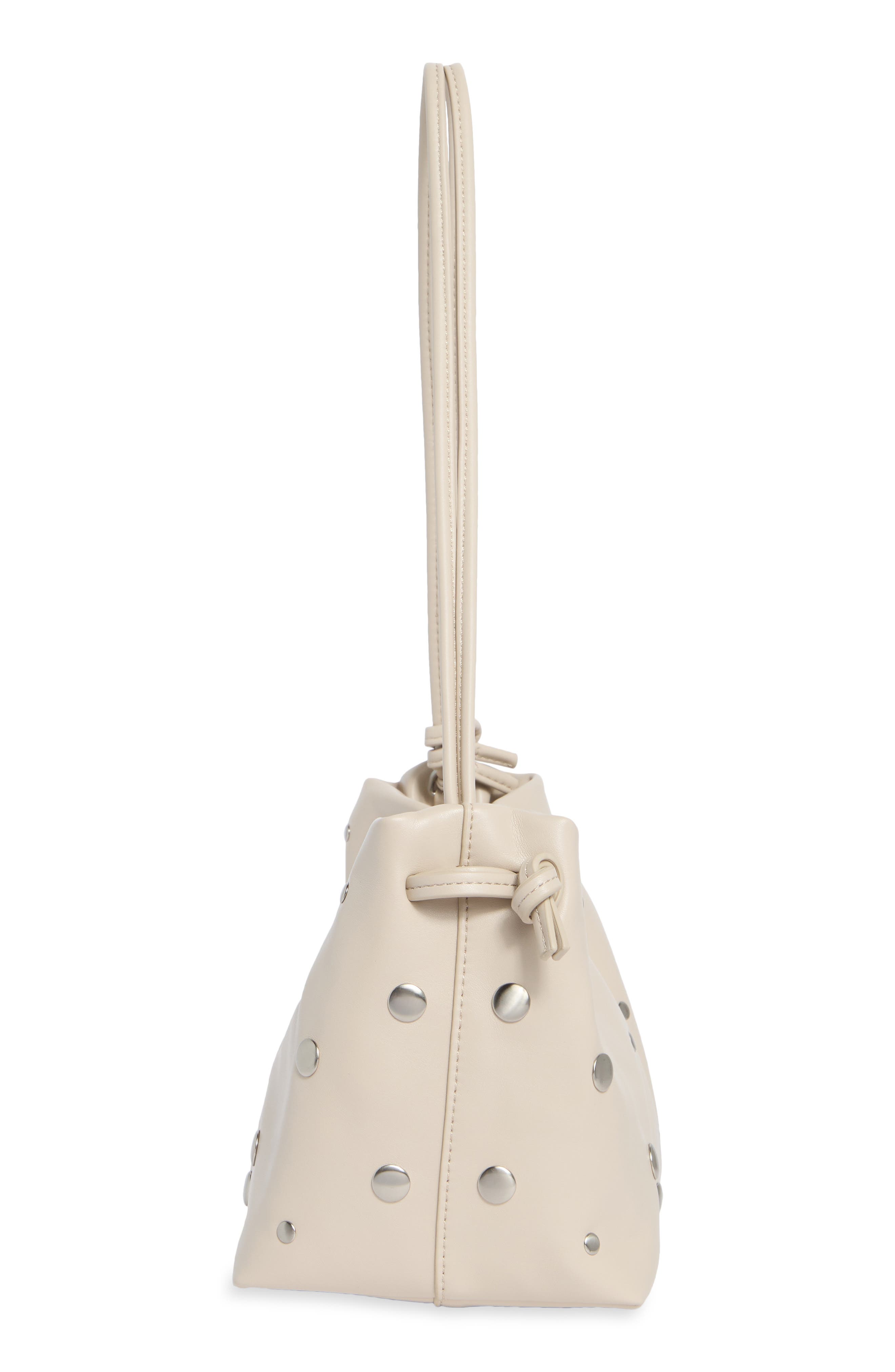 Studded Drawstring Faux Leather Shoulder Bag, Alternate, color, ALMOND