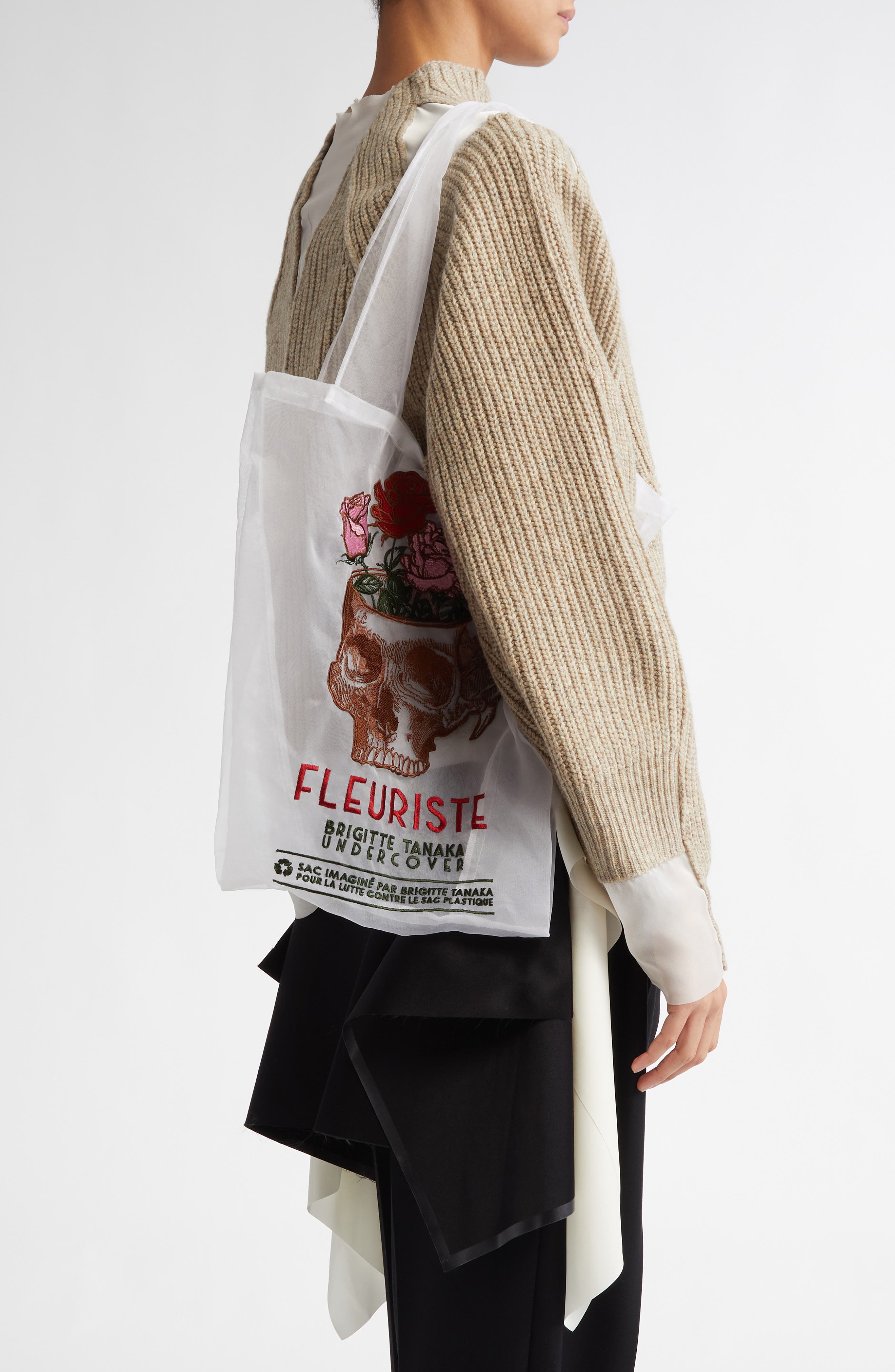 Undercover x Brigitte Tanaka Flower Skull Embroidered Organza Tote, Alternate, color, 