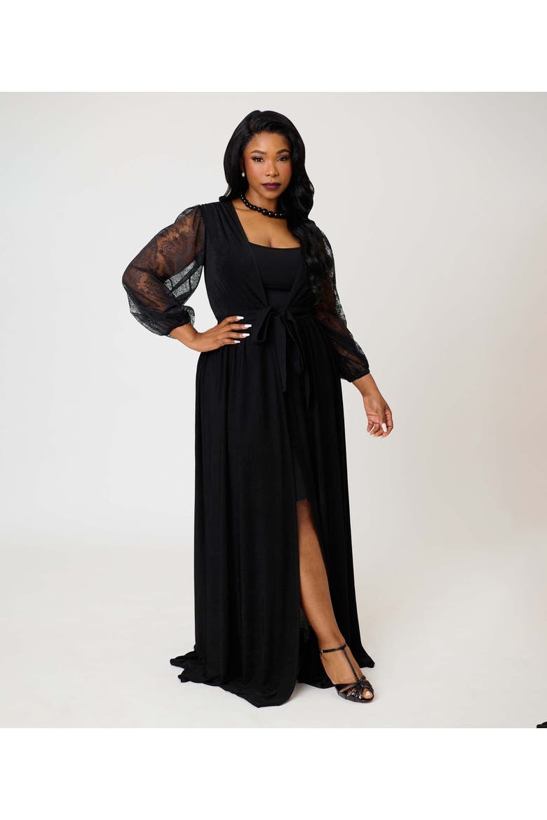 Plus Size Billow Long Sleeved Hollywood Duster, Main, color, Black Solid