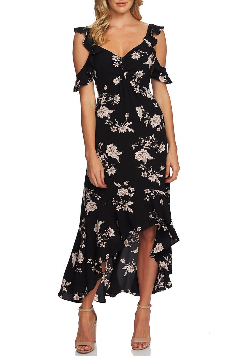 Etched Floral High/Low Midi Dress, Main, color, RICH BLACK
