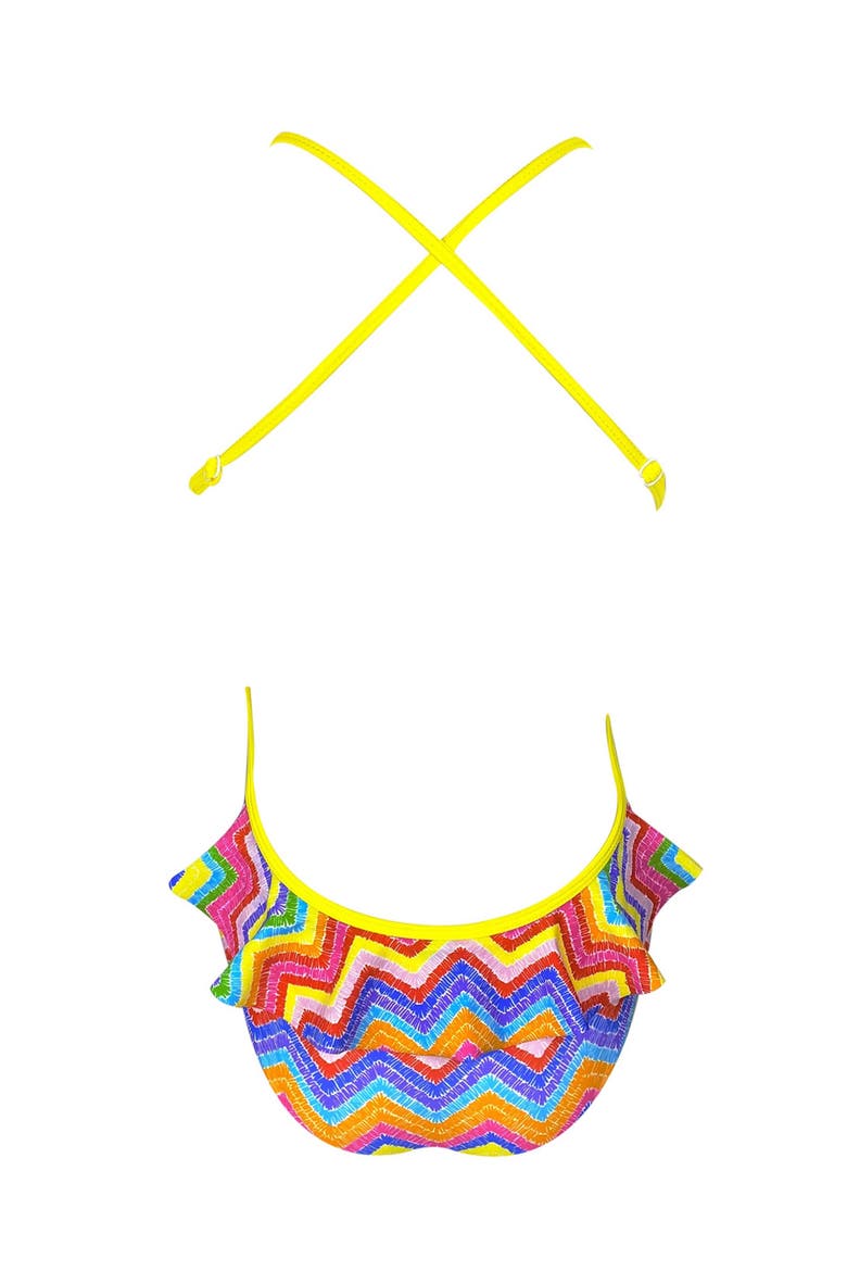 Rainbow Zig-Zag Triple Ruffles and Pom-Pom Trim One-Piece Swimsuit, Alternate, color, Multicolor