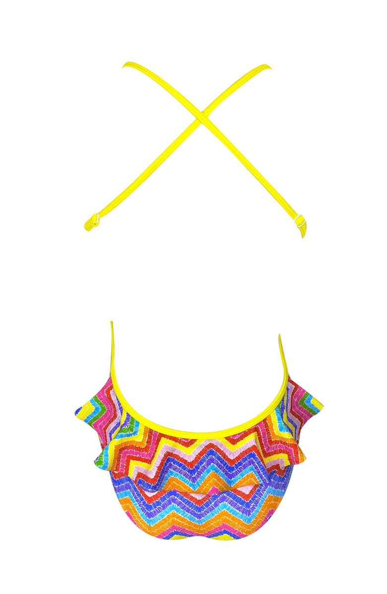 NESSI BYRD Rainbow Zig-Zag Triple Ruffles and Pom-Pom Trim One-Piece Swimsuit, Alternate, color, Multicolor