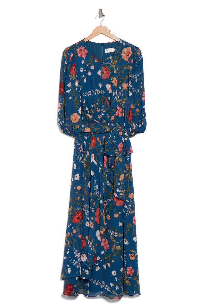 Floral Long Sleeve Maxi Dress, Alternate, color, TEAL