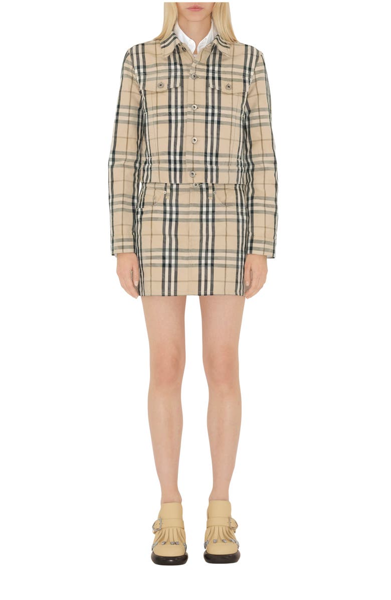 Burberry Cropped Check Denim Jacket, Main, color, 