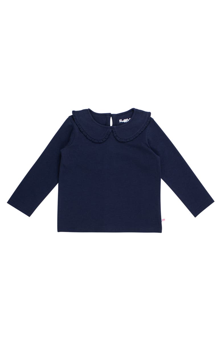 RuffleButts Knit Long Sleeve Ruffle Peter Pan Tee, Main, color, Dark Navy