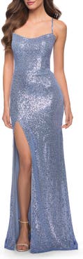 La Femme Sequin Dress with Square Neckline and Open Back