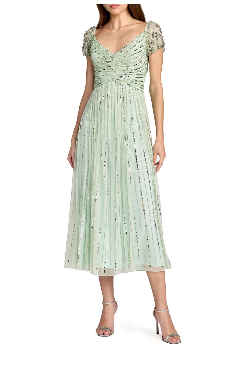 Mac Duggal Beaded Sequin V Neck Cap Sleeve Midi Dress, Main, color, Sage