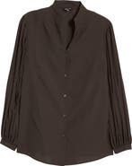 Misook Pleated Balloon Sleeve Crepe Button-Up Blouse