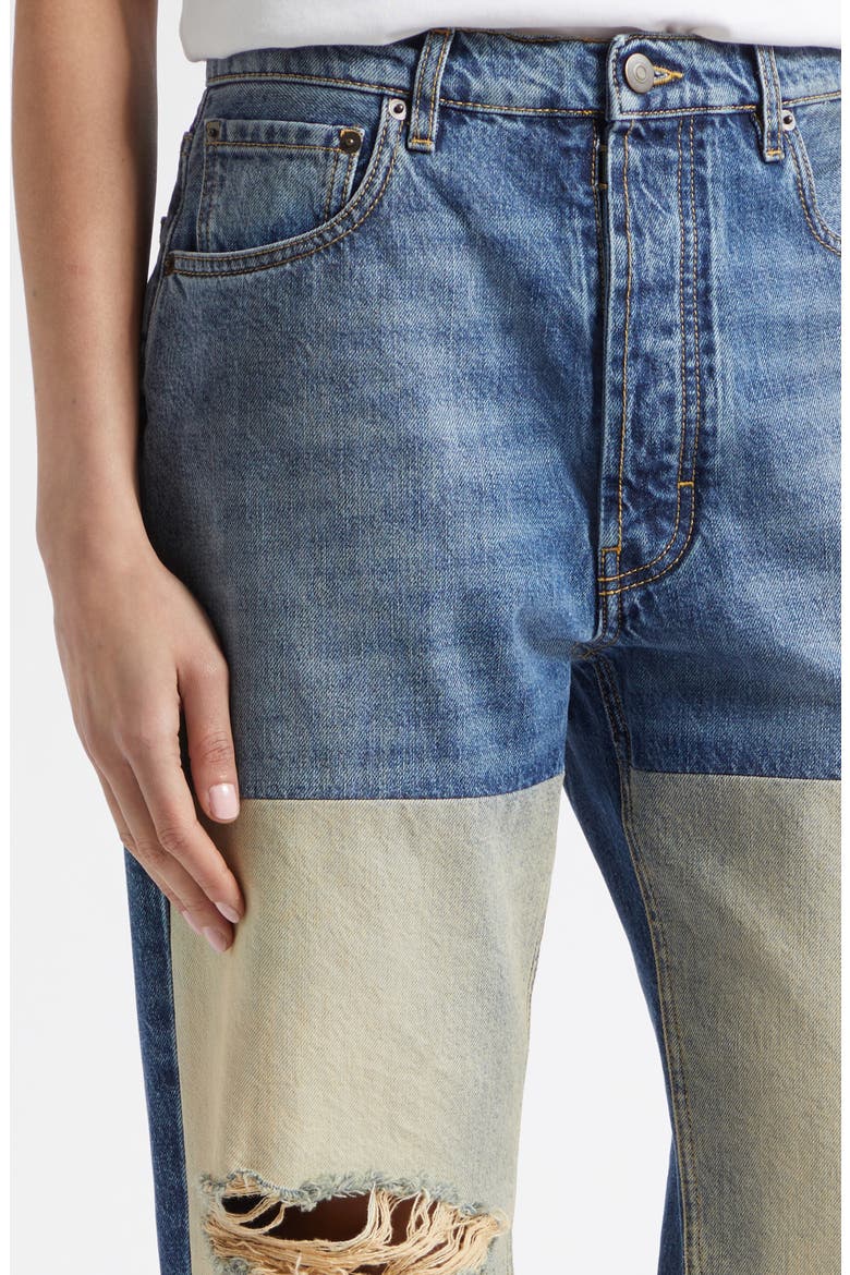 Ripped High Waist Patchwork Panel Straight Leg Jeans, Alternate, color, MEDIUM BLUE