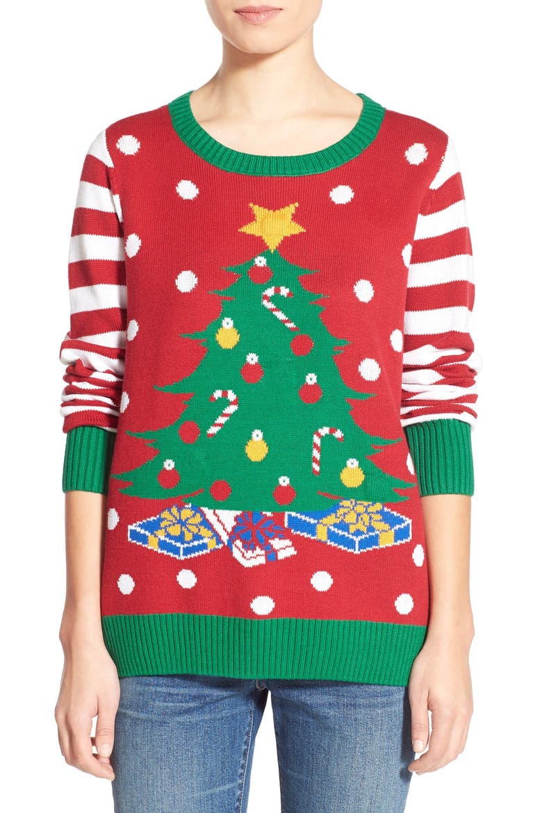 Light-Up Christmas Tree Sweater, Main, color, CAYENNE