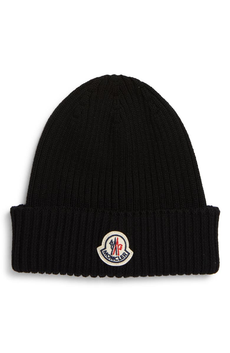 Moncler Logo Patch Rib Wool Beanie, Main, color, 