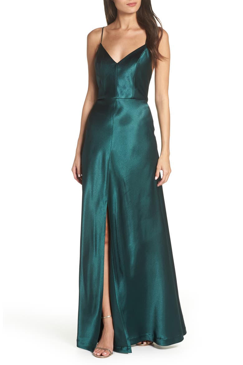 Dina V-Neck Satin Crepe Gown, Main, color, EMERALD
