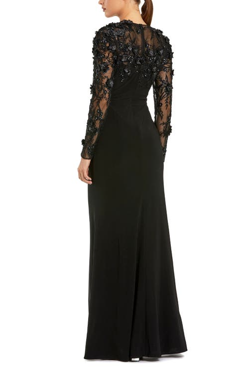 Mac Duggal Jersey Long Sleeve Fitted Gown With Floral Beading In Black