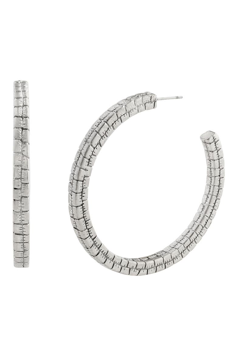 Croc Textured Large Hoop Earrings, Main, color, WARM SILVER