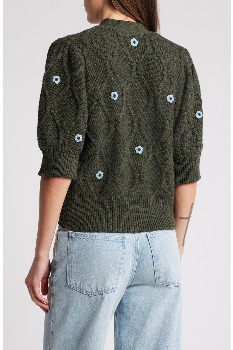 Isla Floral Embroidered Elbow Sleeve Button-Up Cardigan, Alternate, color, FOREST DAISIES