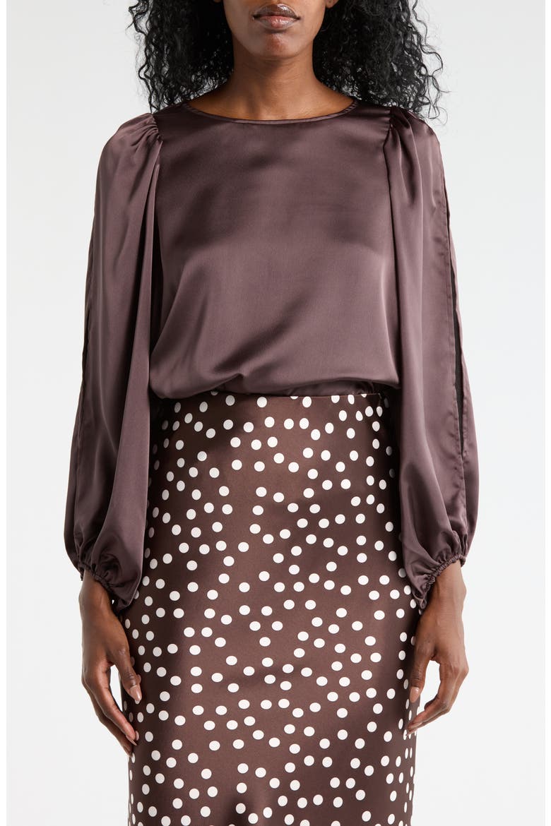 Cutout Long Sleeve Satin Top, Main, color, BROWN