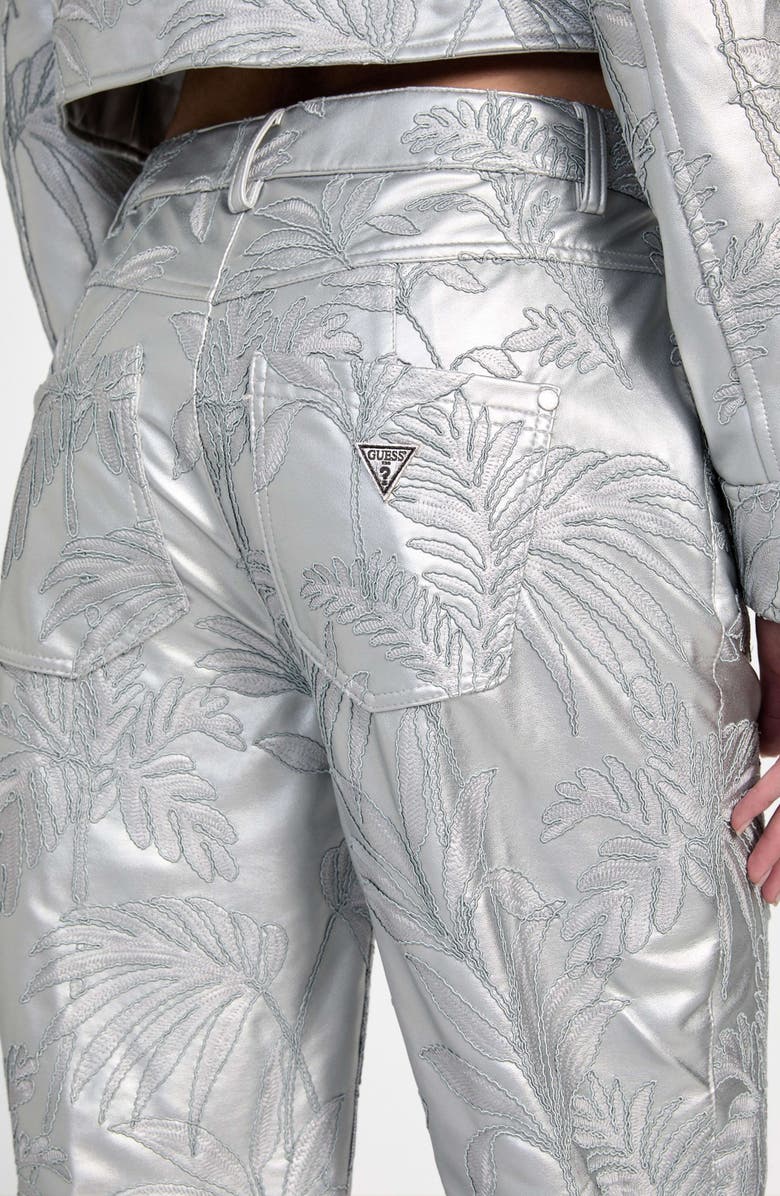 GUESS Clelia Embroidered Metallic Faux Leather Straight Leg Pants, Alternate, color, Silver