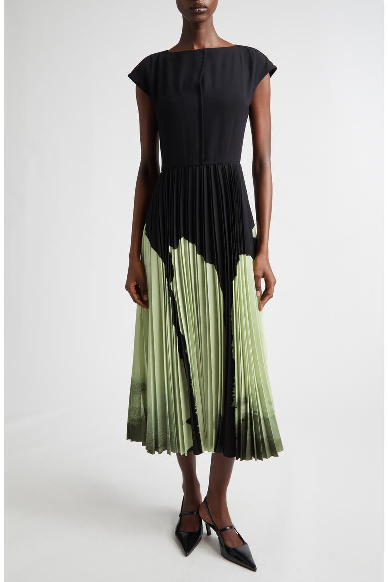 Watercolor Floral Pleated Matte Crepe A-Line Dress, Main, color, NORI/ LIGHT JADE MULTI