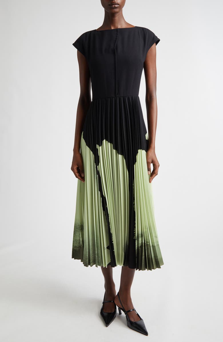 Jason Wu Collection Watercolor Floral Pleated Matte Crepe A-Line Dress, Main, color, Nori/ Light Jade Multi